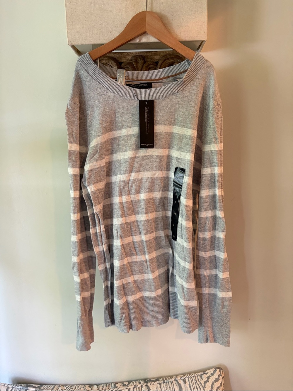 Banana Republic Light Gray and White Striped Crewneck Sweater